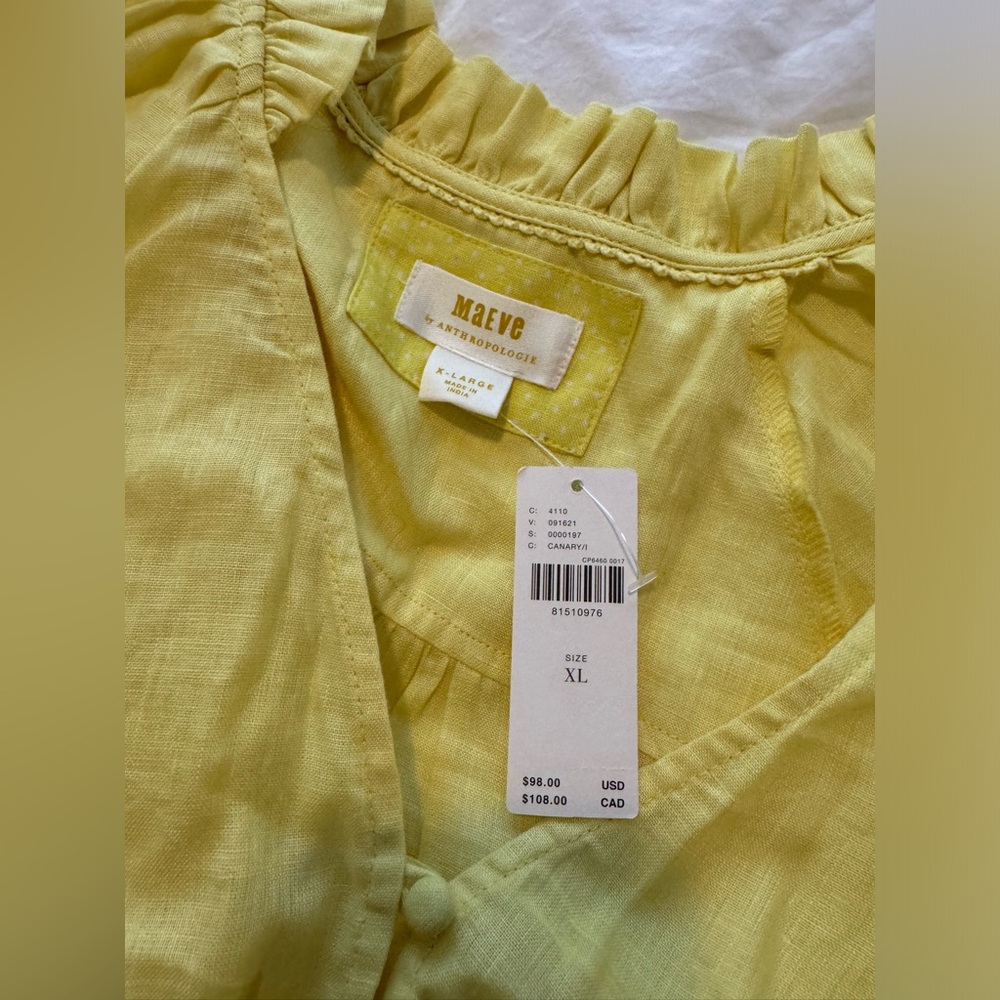 Maeve yellow button up with ruffle detail. XL from Anthropologie